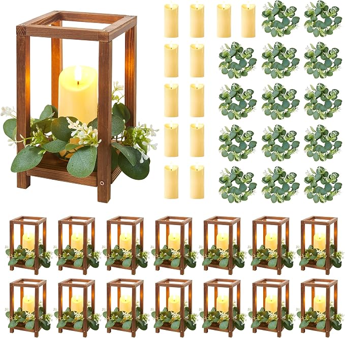 42 Pcs/14 Set Wooden Wedding Lantern Centerpiece,Wooden Centerpieces for Tables-with 14 Holders 14 Candles 14 Wreaths for Rustic Table Decoration Country Barn Wedding Party (Brown)