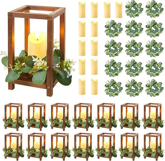 42 Pcs/14 Set Wooden Wedding Lantern Centerpiece,Wooden Centerpieces for Tables-with 14 Holders 14 Candles 14 Wreaths for Rustic Table Decoration Country Barn Wedding Party (Brown)