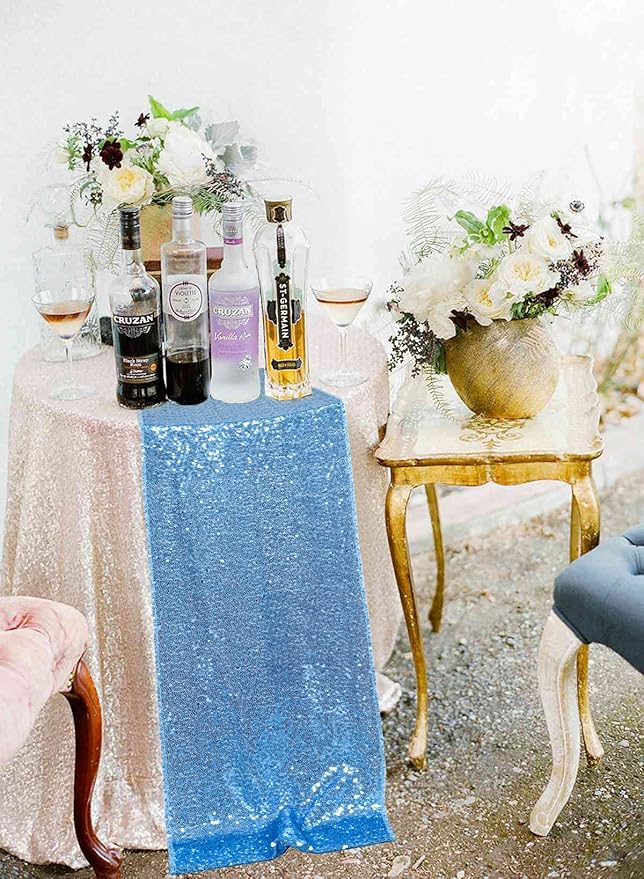 ShinyBeauty Baby Blue Table Runner 2 Pack 12''X108'' Sequin Table Runner Sequence Light Blue Table Runners 108 Inches Sparkle Party Table Runner Wedding Decor