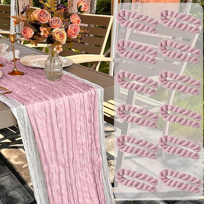 12 Pack Light Pink Cheesecloth Table Runner 22x120 Inch-Naturally Dyed Colors Sheer Gauze Cheese Cloth Wedding Table Runner,Rustic Boho Crinkle Fabric, Reception, Bridal Shower,Farmhouse Dining Decor