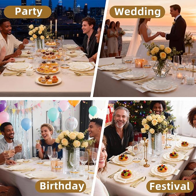 175PCS Gold and Ivory Plastic Dinnerware Set, Plastic Party Plates for 25 Guests, 50 Disposable Plates, 25 Heavy Duty Silverware, 25 Cups, 25 Napkins for Party and Wedding