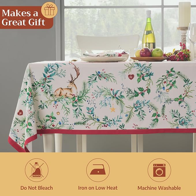 Maison d' Hermine Table Cloth Square Table 100% Cotton 54 x 54 Inches Fall Tablecloth Reusable Everyday Use for Thanksgiving Christmas Decorations Dining Farmhouse Party (Holly Time)