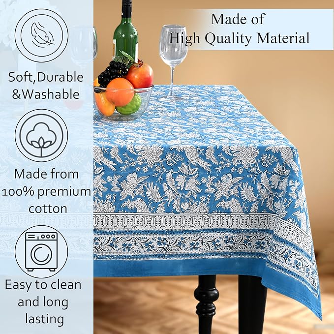 CPC Tablecloth 100% Cotton 72x190 Inch Indian Block Print Rectangle Table Cover, Washable Table Cloth for Weddings, Spring/Summer, Barbeque - Blue Sapphire