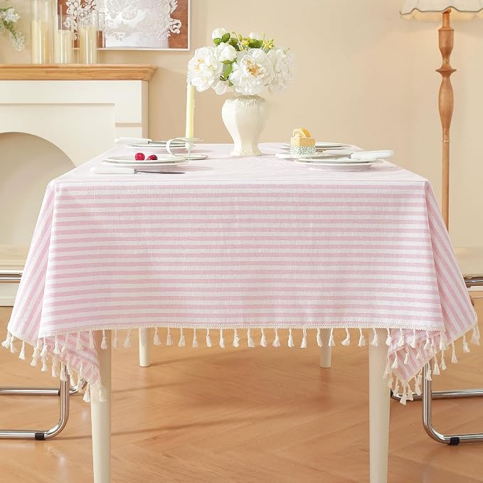 meioro Striped Rectangle Tablecloth, Cotton Blend Fabric Pink Table Cloth with Tassel, Washable Wrinkle Free Table Cover Boho Picnic Tablecloths for Valentines Day Kitchen Dining - 55 x 98 Inch