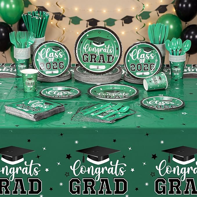 Funnymoom 452 Pcs Class of 2026 Green Graduation Party Decoration for 50, Green and Black Graduation Paper Plates Napkins Cups Tablecloth Cutlery Straws for College School Congrats Grad Party Supplies