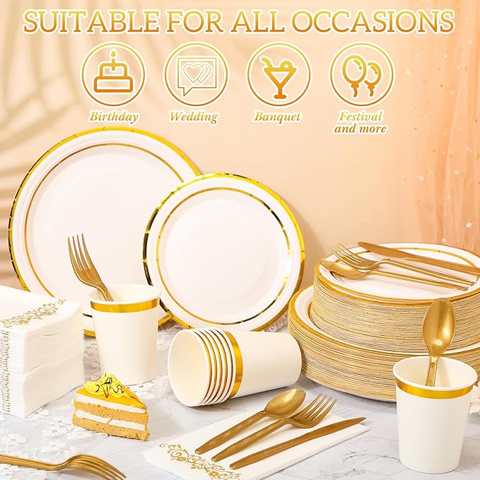 Didaey 700 Pcs Disposable Dinnerware Set for 100 Guests Include 200 Paper Plates, 300 Plastic Silverware, 100 Paper Cups, 100 Napkins for Wedding Birthday Party Supplies (White with Gold Rim)
