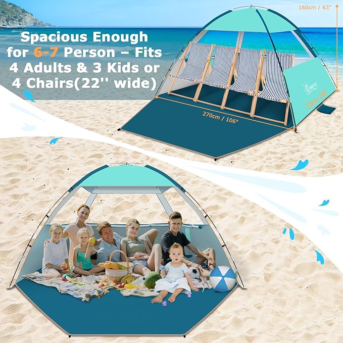 COMMOUDS Beach Tent Sun Shelter for 3/4/6/8 Person, UPF 50+ UV Protection Beach Shade Canopy Tent, Lightweight, Easy Set Up and Carry
