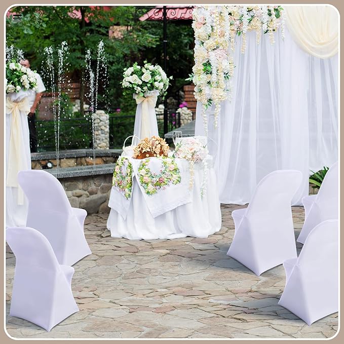 Newwiee 50 Pcs Spandex Chair Covers Bulk - Stretch Folding Flat Front Fitted Universal Chair Protector Pack Removable Washable for Wedding Party Dining Banquet Event (White)