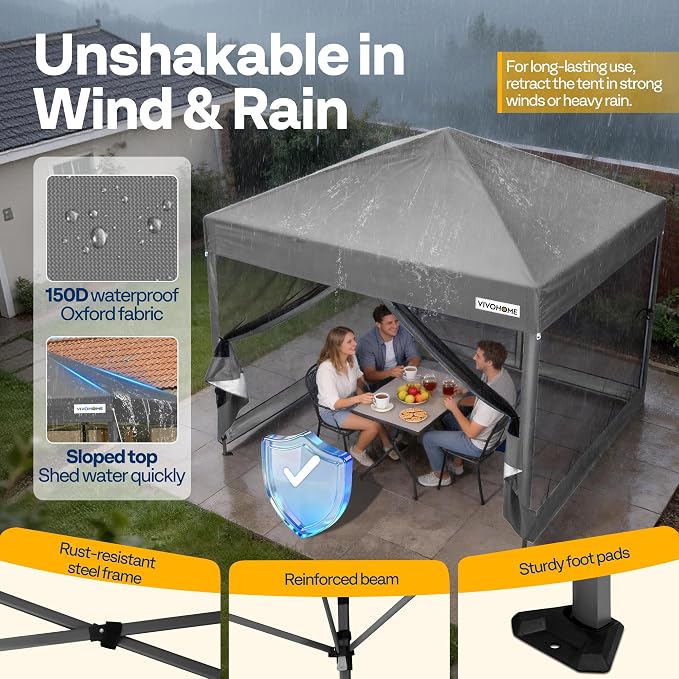 VIVOHOME 8x8ft Easy Pop-Up Canopy, Outdoor Screen Tent with Mosquito Netting, 2 Zipper Doors, and Roller Bag for Yard Camping Picnic Party Events, Grey