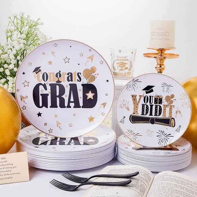 Liacere 150PCS Graduation Plastic Plates - Disposable Black and Gold, Graduation Party include 50Plates 25Knives 25Forks 25Spoons 25Cups