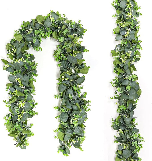 2pcs Artificial Eucalyptus Garland, 5.9FT Greenery Garland Vines Decoration, Faux Silver Dollar Eucalyptus Leaves for Table Home Wedding Mantle Party Indoor Decor