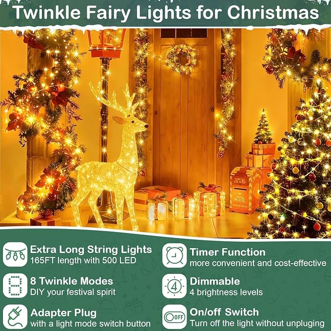 165Ft Ultra Long 500 LEDs String Lights Plug in, with Switch/Timer, Waterproof Dimmable Copper String Lights for Home/Holiday Decor, 8 Modes Fairy Lights with Remote, Warm White UL Listed