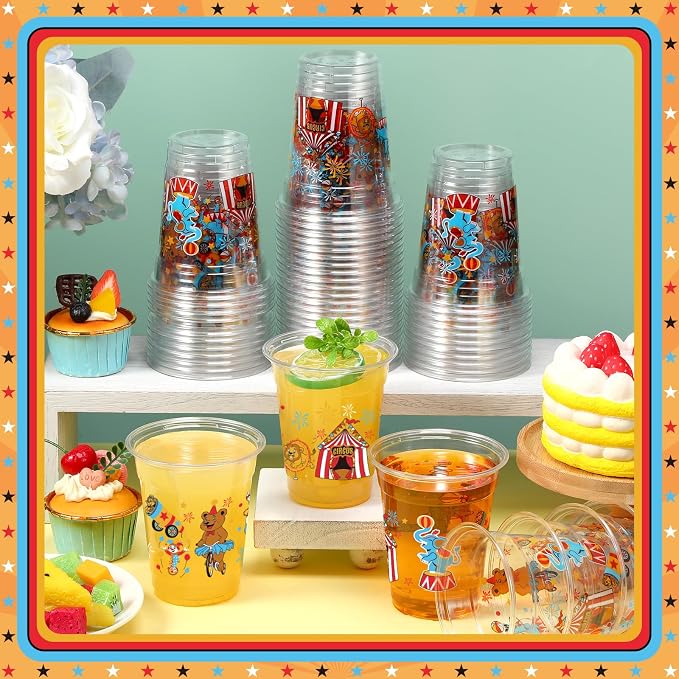 FoldTier 50 Pcs Circus Cups 12 oz Plastic Circus Birthday Cups Clear Circus Disposable Cups Circus Theme Drinking Cups for Home Party Circus Theme Birthday Baby Shower Supplies Decoration (Circus)