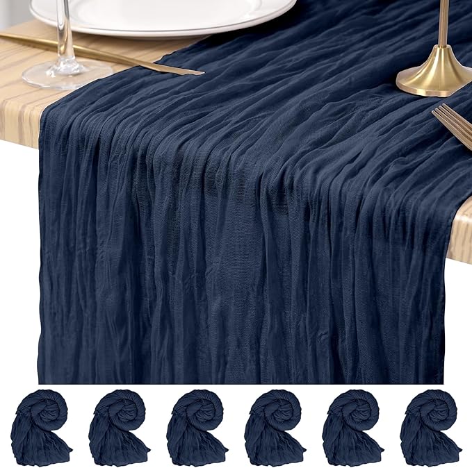 Navy Blue Cheesecloth Table Runner 6 Pack 10FT - Boho Gauze Sheer Rustic Crinkled Table Runners for Wedding Party Baby Shower Bridal Decor