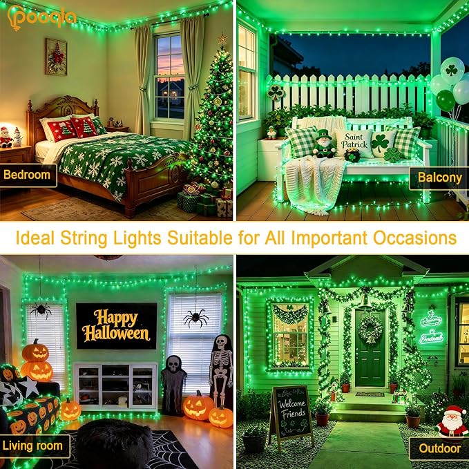 Pooqla 2 Pack String Lights Battery Operated, Total 66.6ft 200 LED Fairy Lights Indoor Outdoor Decorations, 8 Modes Green Battery Lights for Halloween Christmas Bedroom Porch Party Yard Decor