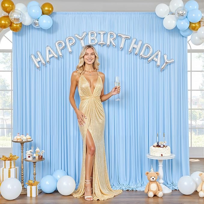 10ft x 10ft Baby Blue Backdrop Curtain for Baby Shower Parties Light Blue Wrinkle Free Backdrop Drapes Panels for Birthday Photo Gender Reveal Photography Polyester Fabric Background Decoration
