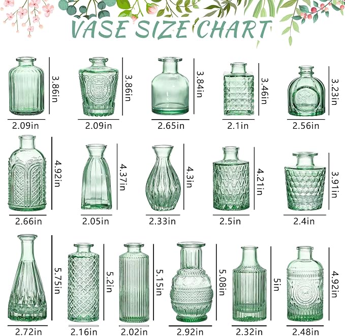 SUPMIND Glass Bud Vase Set, 16pcs Small Green Flower Vases for Table Centerpieces in Bulk, Mini Vintage Vase for Wedding, Home, Table Decoration