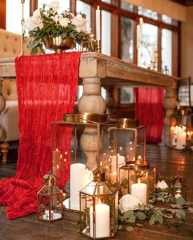 12 Pack Red Cheesecloth Table Runner 10FT Boho Gauze Cheese Cloth Table Runner Rustic Sheer Fabric Table Runners for Wedding Bridal Shower Baby Shower Party(21.5×120 Inch)