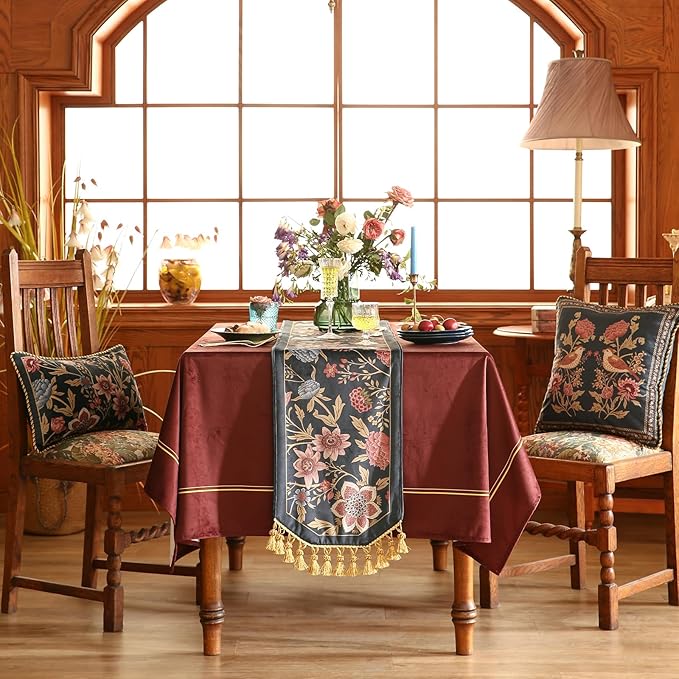 patdrea Designer Vintage Black Floral Velvet Table Runner 87 Inch Long, Pink Khaki Bouquets Pattern Table Mat, Decoration for Kitchen Dining Coffee Table Cabinet Banquet Thanksgiving,12"*87"