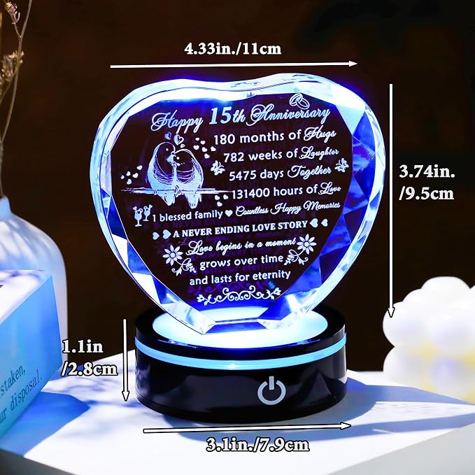 YWHL 15th Wedding Anniversary Crystal Heart Keepsake Gift for Couples with LED Base, Laser Engraved Happy 15th for Wife Husband, Romantic 15 Years of Marriage Gift for Her Him