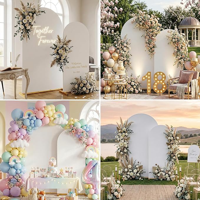 Arch Backdrop Stand with Cover Set, 7.2FT,6FT Gold Metal Wedding Arch for Ceremony, Heavy Duty Balloon Arch Stand with White Spandex Cover for Birthday Party, Baby Shower, Graduation
