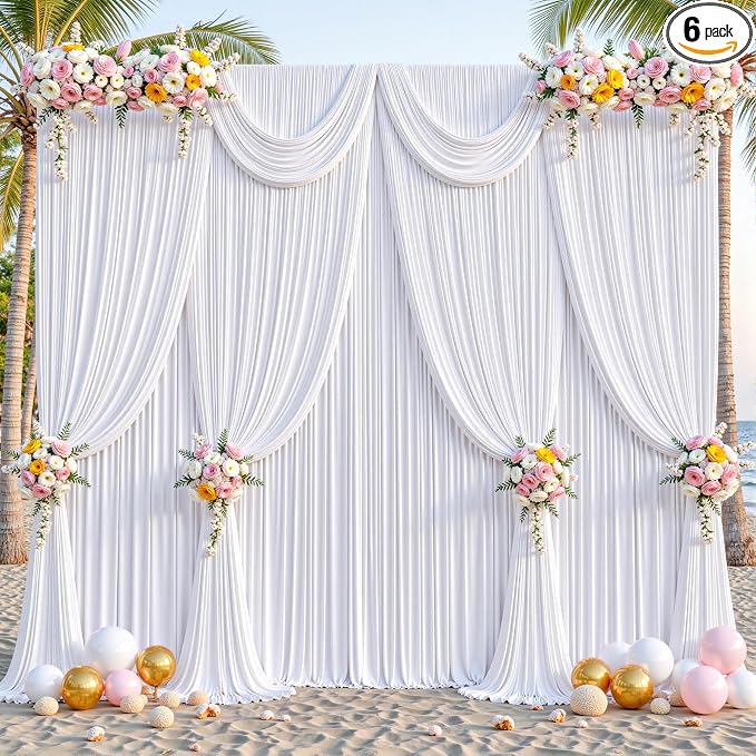 6 Panels White Backdrop Curtains - Wrinkle Free Fabric Backdrop Curtain for Photoshoot,10ft Wedding Party Photo Backdrop Drapes for Birthday Baby Shower Photography Stage Background Decorations