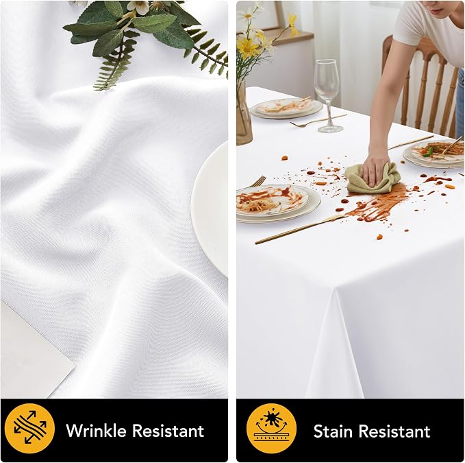 6-Pack White Tablecloths for Rectangle Tables, 60 x 120 Inches, Stain-Resistant Polyester Fabric for 6 Foot Tables - Washable Table Covers for Weddings, Banquets, Birthday, Parties, Events