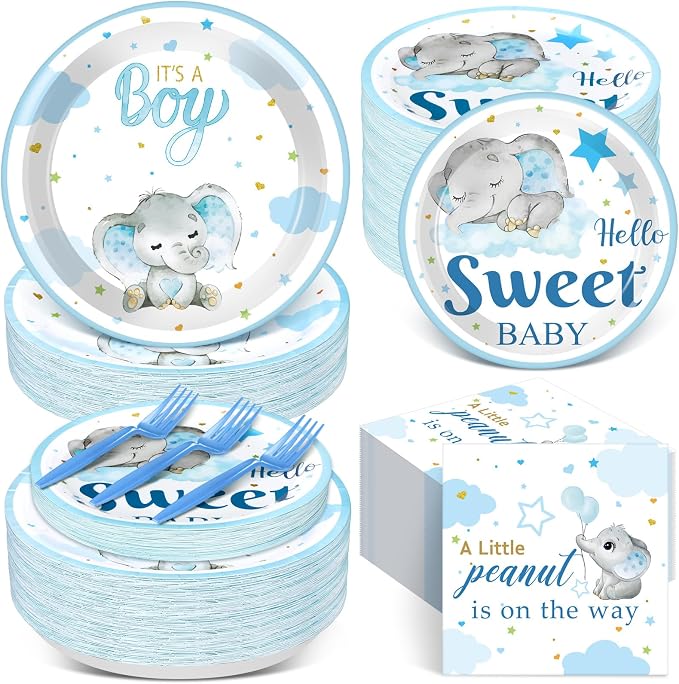 Havawish 250 Pcs Blue Elephant Baby Shower Plates and Napkins Decoration It's a Boy Wait Party Supplies Tableware Set Severs 50 Disposable Plates for Baby Boy Gender Reveal Party Supplies