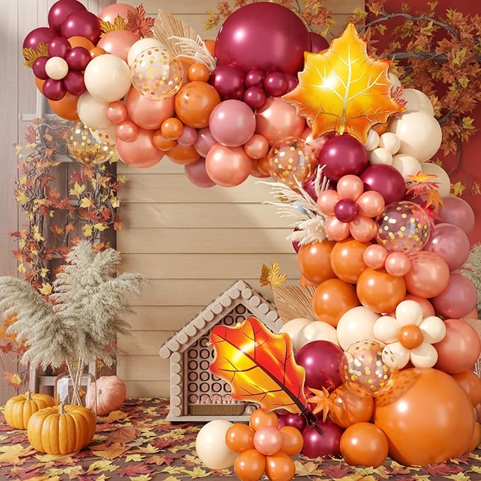 Fall Balloon Garland Arch Kit, Orange Wine Red Dusty Pink Rose Gold Confetti Balloons with Maple Leaf Foil Balloons for Thanksgiving Autumn Fall Birthday Baby Shower Party Decorations