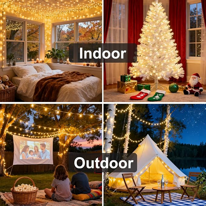 Black Fairy Lights Plug in 752 LED Warm White Waterproof | 30.68FT copper wire string with 13.1FT cord, warm glow, IP44 for plug in fairy lights outdoor vine, railing, tree decor