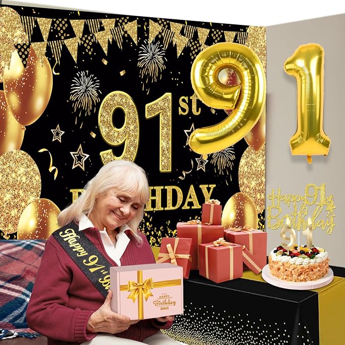 91st Birthday Decorations Men Women with 91st Birthday Banner, Black and Gold Table Cloth, Number Balloons, Large Sash, Cake Topper and Candles