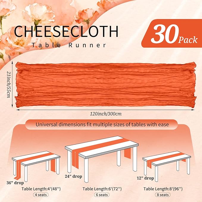30 Pack Cheesecloth Table Runner 10FT Orange Table Runner Boho Gauze Cheese Cloth Table Runners Long Rustic Sheer Table Decorations for Wedding Party Baby Bridal Shower Birthday Holiday Home