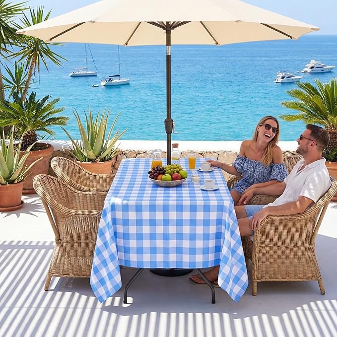 Poise3EHome Rectangle Outdoor Tablecloth with Umbrella Hole and Zipper,Blue Gingham 104x60 Inch,Polyester SpillProof Washable Table Cloth for Spring Summer Patio Garden Poolside Picnic Camping BBQS