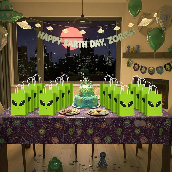 Tosstuki 12 Pcs Alien Gift Bags Alien Birthday Decoration Ufo Aliens Party Paper Bags with Handles for Kids Boys Girls Birthday Space Theme Celebrations Events Supplies