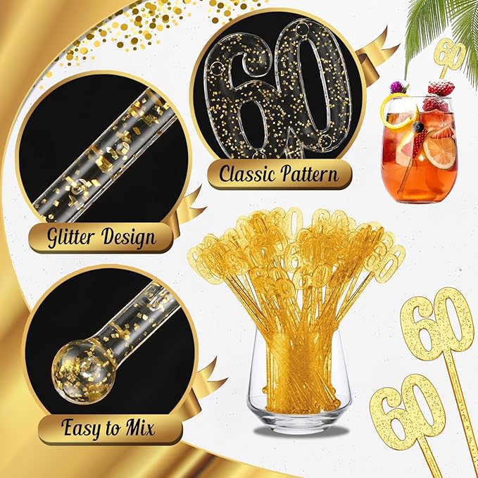 Reallnaive 100 Pcs 60th Birthday Drink Stirrers Gold Glitter Cocktail Stirrers Plastic Swizzle Sticks 7.5 Inch Fall Birthday Cupcake Toppers Sticks Bulk for Coffee Bar Cake Pops Christmas Party Favor