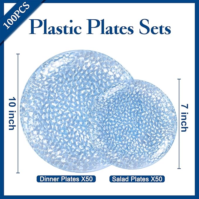 Rubtlamp 100 Pcs Blue Plastic Plates,Heavy Duty plastic Plates,Fancy Blue Disposable Plates, Hammered Plastic plates Include 50 Pcs Dessert Platos, 50 Pcs Dinner Platos for Party