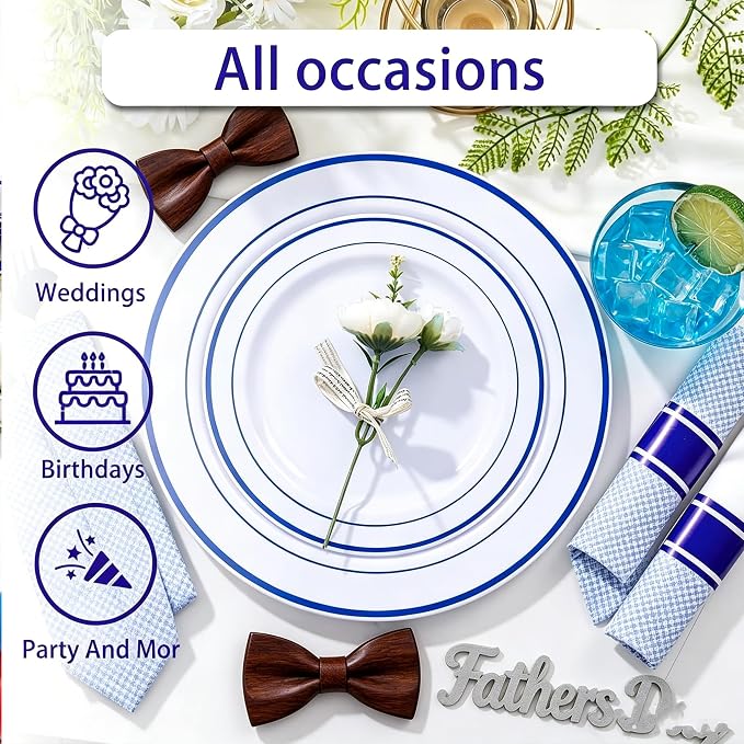 WELLIFE 350 Pcs Blue Plastic Plates for 50 Guests - Plastic Dinnerware Set,Party Supplies Includes 100 blue plates,150 Silverware,50 Napkins,50 Cups,Blue and White Plates