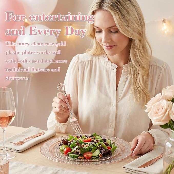 102PCS Rose Gold Plastic Plates - Clear Rose Gold Disposable Plates - Elegant Hammered Plate Include 51PCS 7.5inch Dessert & 51PCS 10.25inch Dinner Plate for Wedding Party Mother’s Day