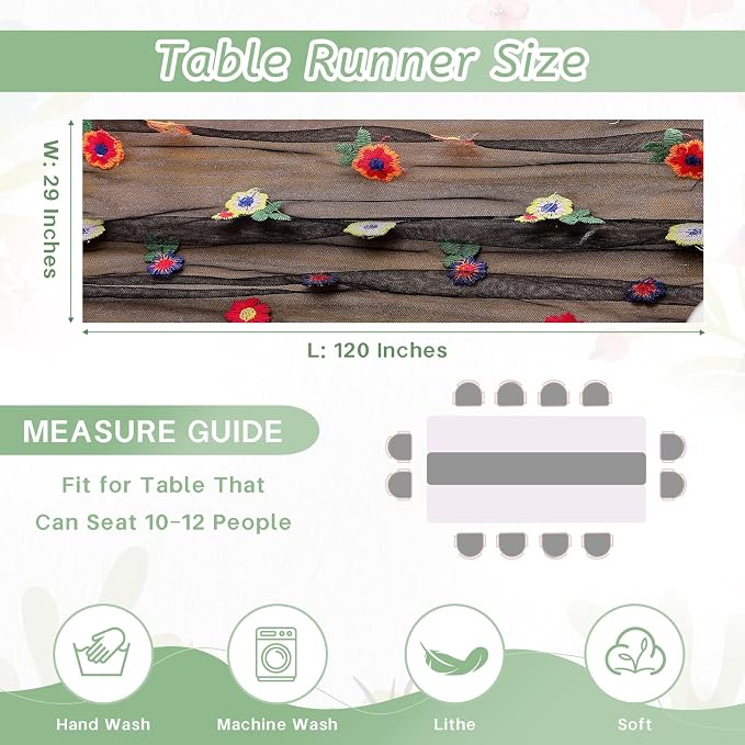 QueenDream Black Flower Table Runner 3 Pcs 10FT Gauze Tulle Fabric with Embroidery Daisy for Home Party Spring Baby Bridal Shower Party Decoration