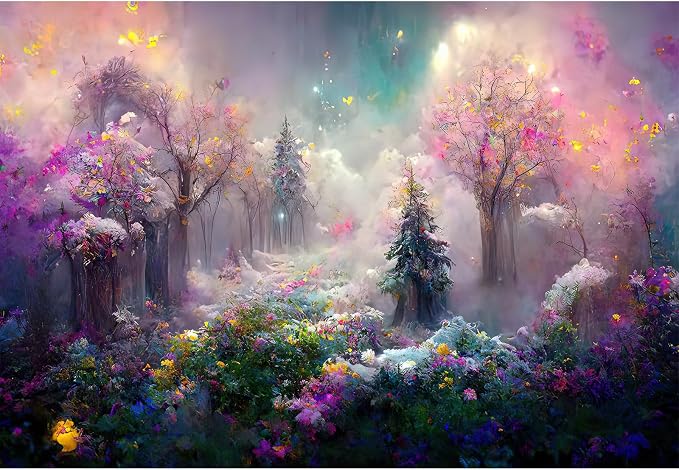 Magical Forest Backdrop Trees with Colorful Fog and Lights Photography Background Fairy Wonderland Mysterious Fantasy Forest with Lush Clouds Backdrop Decors Artist Portrait Background 5x3ft