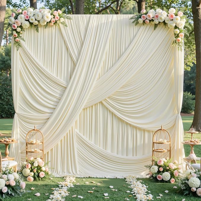 60ft×12ft Ivory Backdrop Curtain for Wedding Parties, 12 Panels Wrinkle Free Polyester Photo Backdrop Drapes Back Drop Cloth for Birthday Photography Background