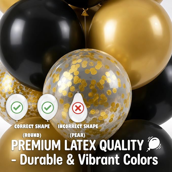 Balloon Column Kit Set of 2 With Confetti Balloons Included - with Base, and Pole,Balloon Tower Backdrop Decoration for Wedding, Baby Shower, Birthday Party, or Bachelorette Parties (Black Gold)