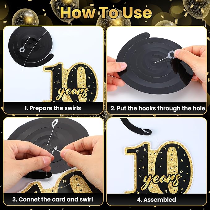 11pcs 10 Year Work Anniversary Decorations Black Gold Happy 10th Work Anniversary Banner Hanging Swirls Employee Appreciation Decorations Supplies 10 Year Workiversary Gifts for Employee Worker