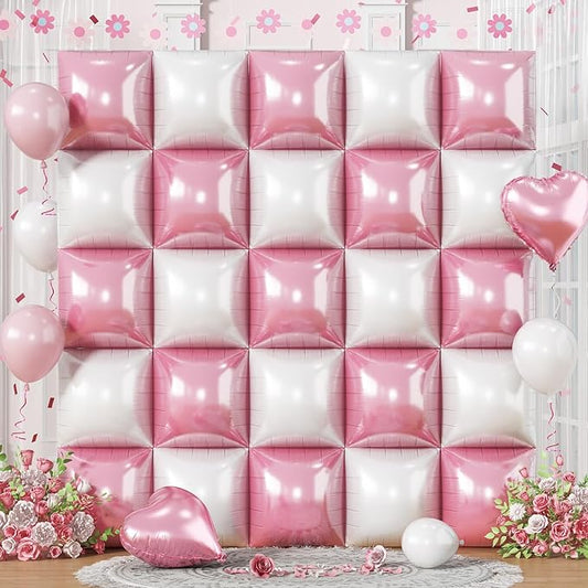 Pink White Square Foil Balloons, 25PCS Double Sided Pastel Pink and Pearl White Square Balloons Backdrop Wall Party Decorations for Girls Women Princess Fairy Birthdays Wedding Baby Shower Valentines