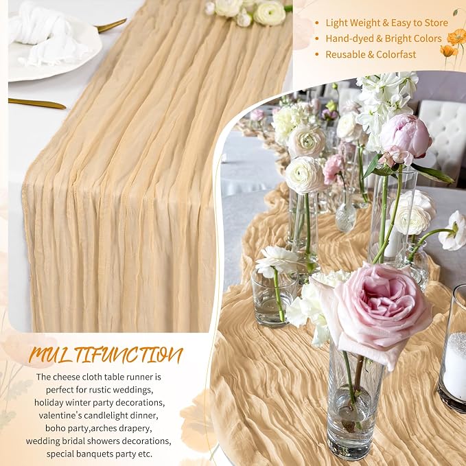 18 Pack Nude Cheesecloth Table Runner 17 x 108 inch Boho Gauze Table Runner Rustic Sheer Cheese Cloth Table Decorations for Wedding Party Baby Bridal Shower Birthday Holiday Home