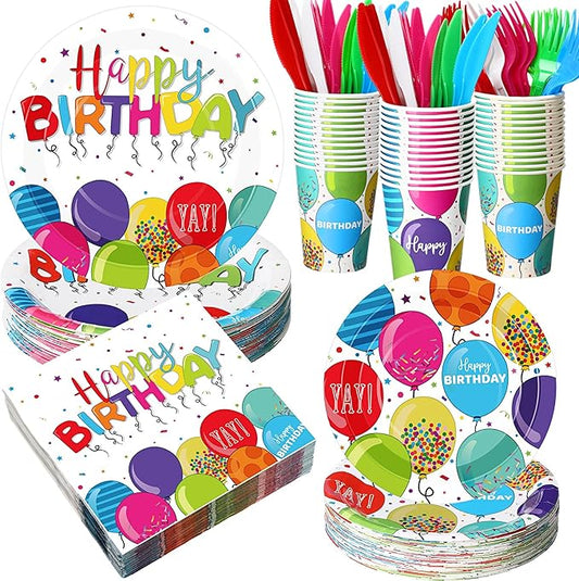 400 Pcs Happy Birthday Party Decorations, Disposable Paper Plates Bulk Napkins and Cups Colorful Tableware Set Serves for 50 Guests Birthday Rainbow Confetti Balloons Party Supplies