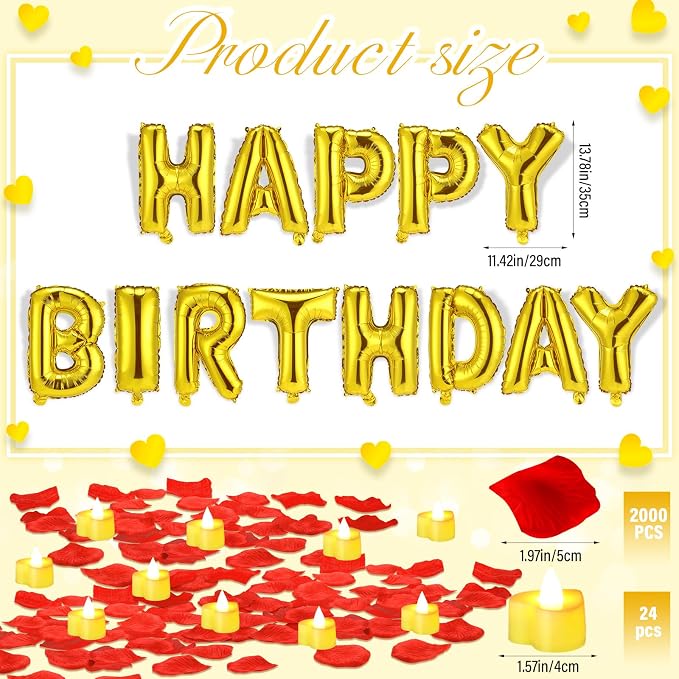 Red and Gold Happy Birthday Balloons Decorations Happy Birthday Letter Balloons Banner Set 24pcs Heart Flameless LED Candles 2000pcs Artificial Rose Petals for Women Men Room Party Decor