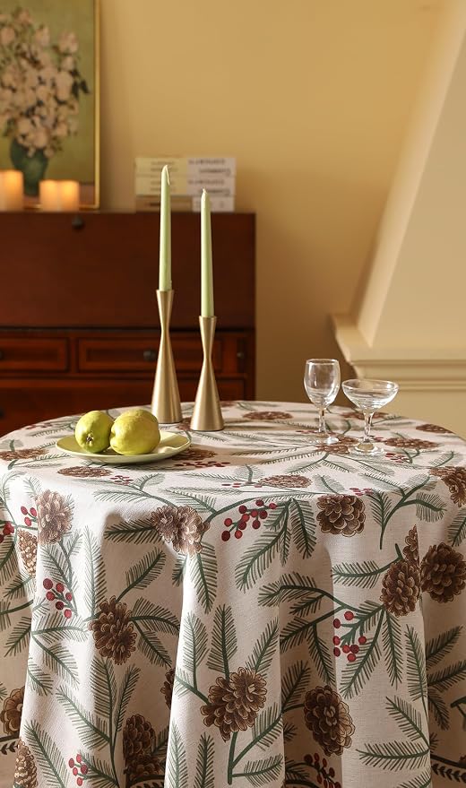 ISAENNE Designer Vintage Linen Round Tablecloth,Diameter 67"-Carol B | French Elegant Table Cloth for Round Table,Pinecones Pattern,Decor,Dining Room,Kitchen,Tea Party,Thanksgiving,Christmas