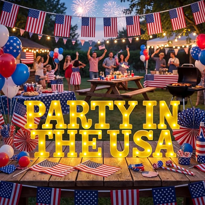 Honoson 13 Pcs 4th of July Decorations Party in The USA Lights up Signs 250th Patriotic Table Decor Set for Independence Day Veterans Patriotic Party Decorations