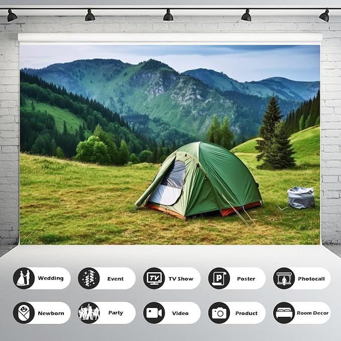 Camping Adventure Backdrop Mountain Forest Outdoor Travel Hiking Photography Background Mountain Pine Trees Nature Landscape Grassland Camp Tents Backdrop Decors Kids Birthday Party Props 5x3ft